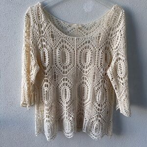 Adiva Crochet Lined Size XL Cream Scoop Neck 3/4 Sleeve Boho Hippie